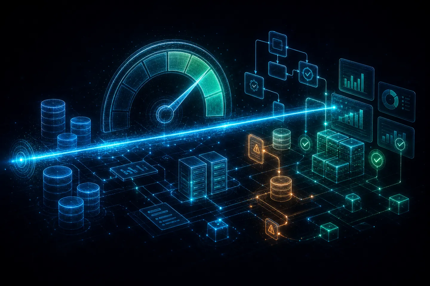 AI readiness gauge over a data-infrastructure landscape of databases, servers and checklists