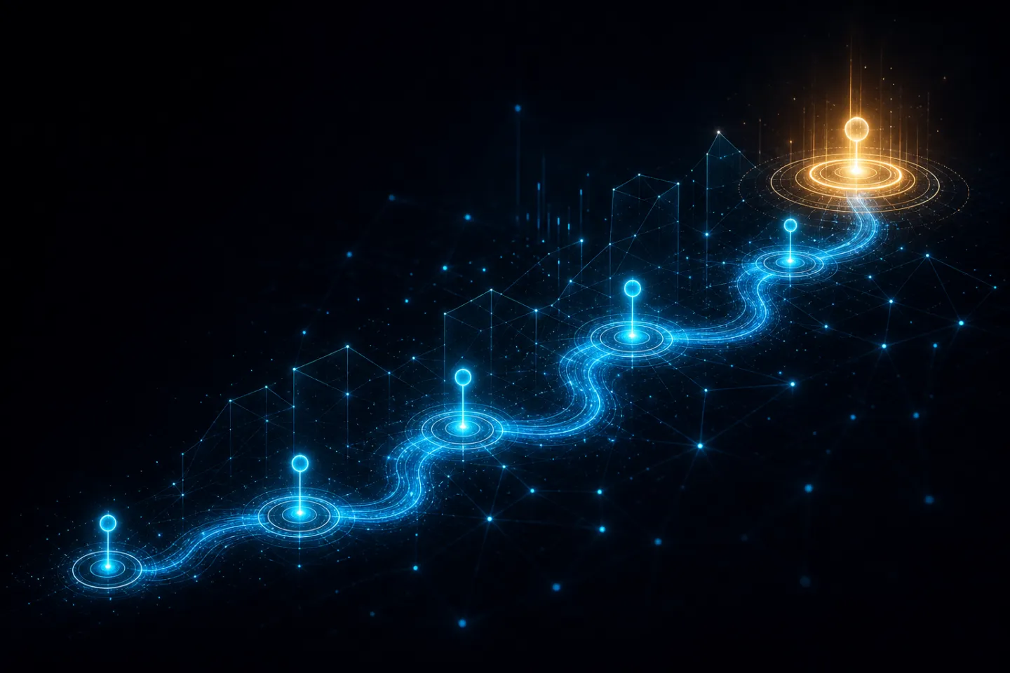 Glowing roadmap with milestone markers ascending toward an AI implementation goal
