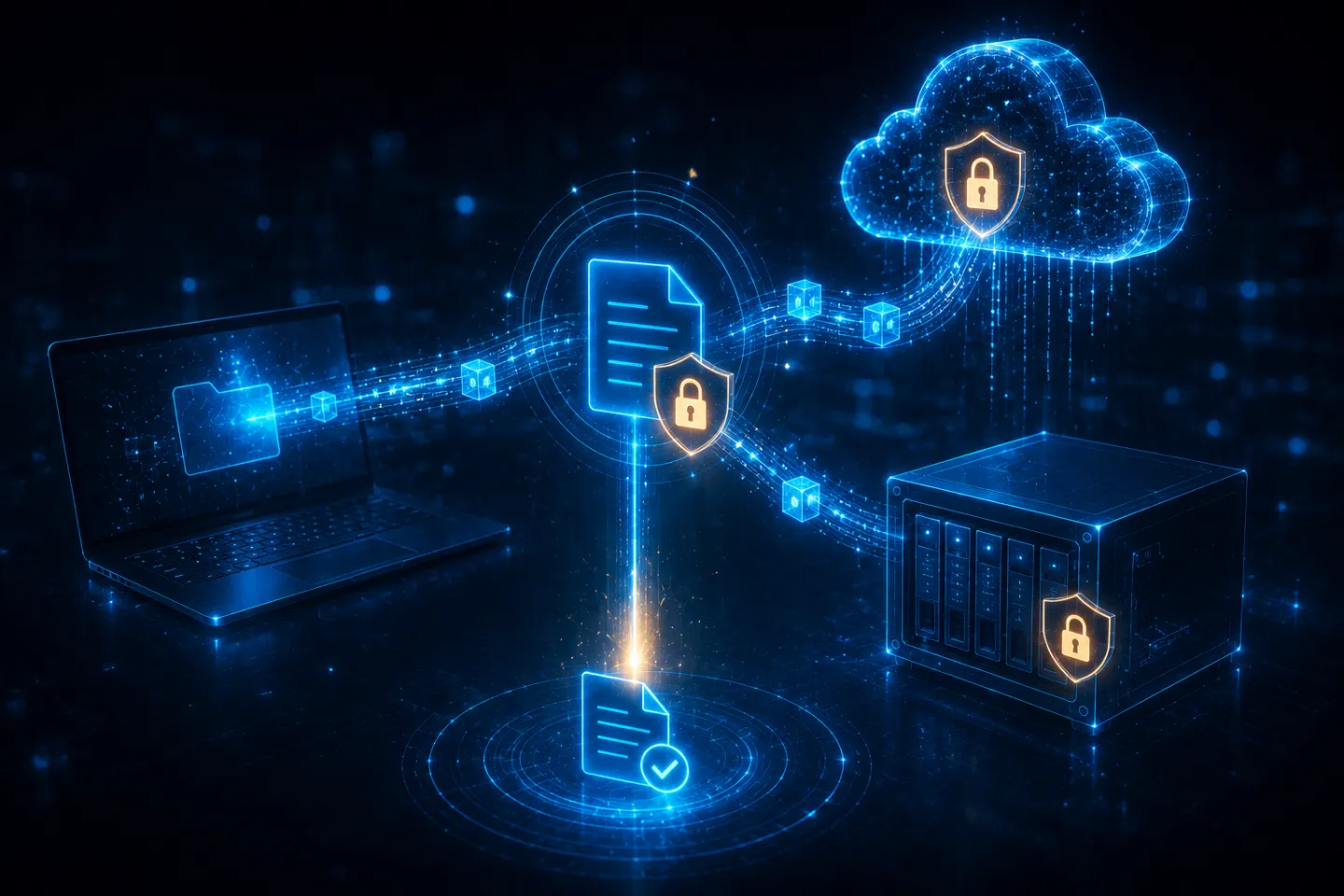 Encrypted files backing up from a laptop to a secured cloud and on-premises NAS
