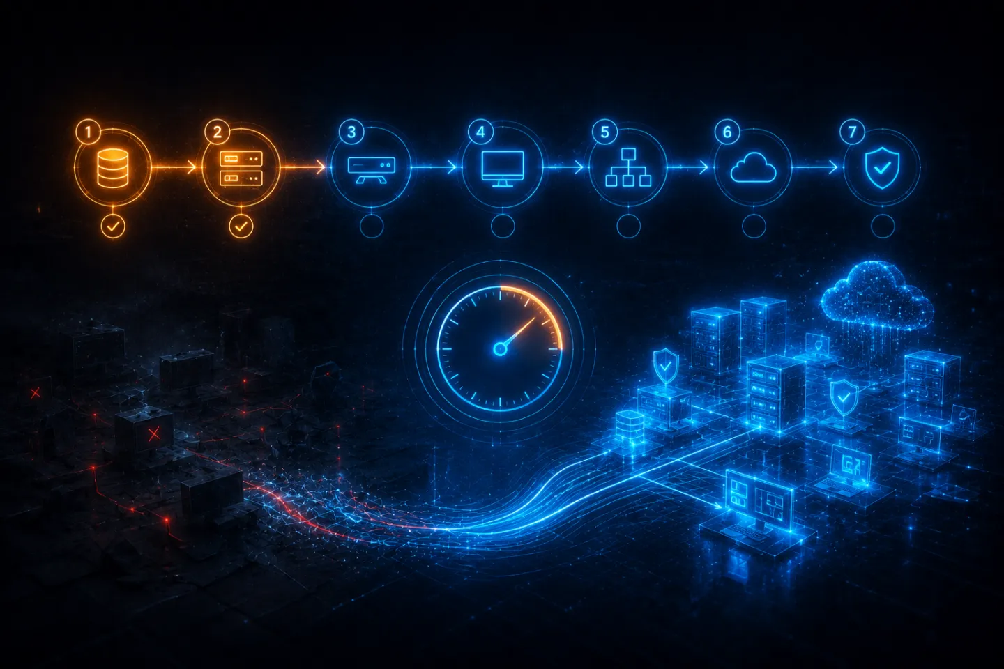 Disaster-recovery step timeline with a recovery-time gauge restoring infrastructure