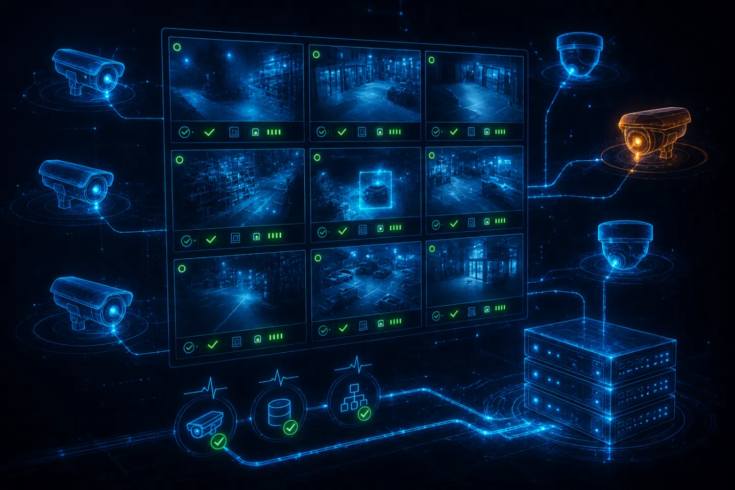 Wall of CCTV camera feeds with health-check indicators and a recording server