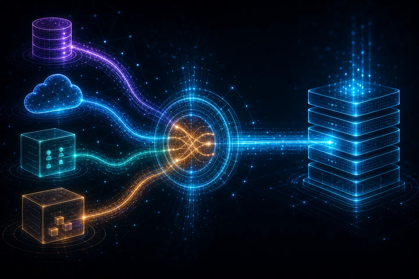 Data sources connected through glowing pipelines into a central hub and server stack