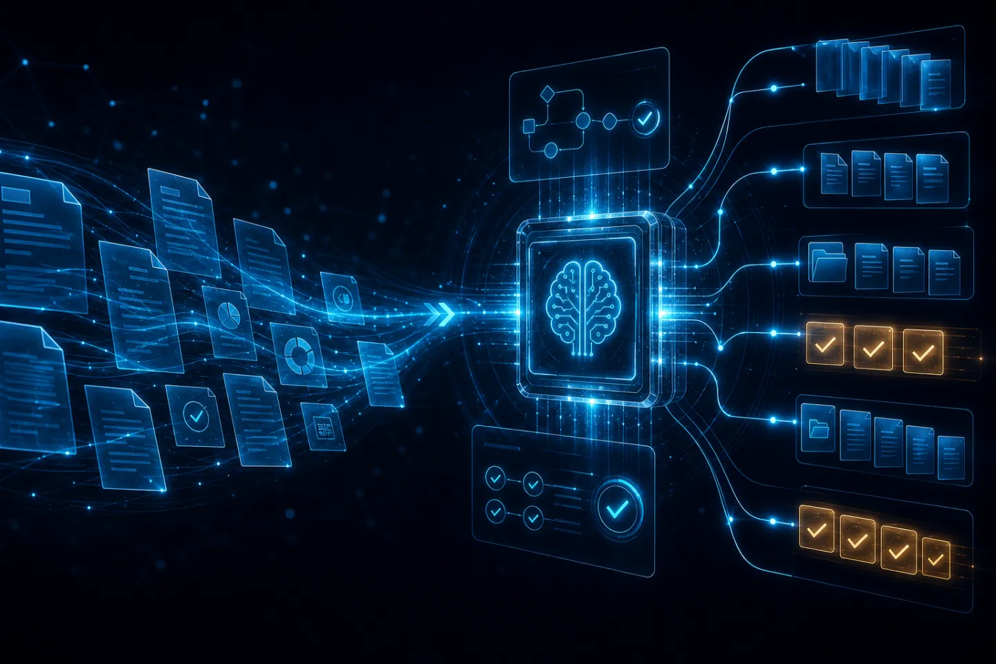 Glowing AI brain chip routing document workflows into automated approvals