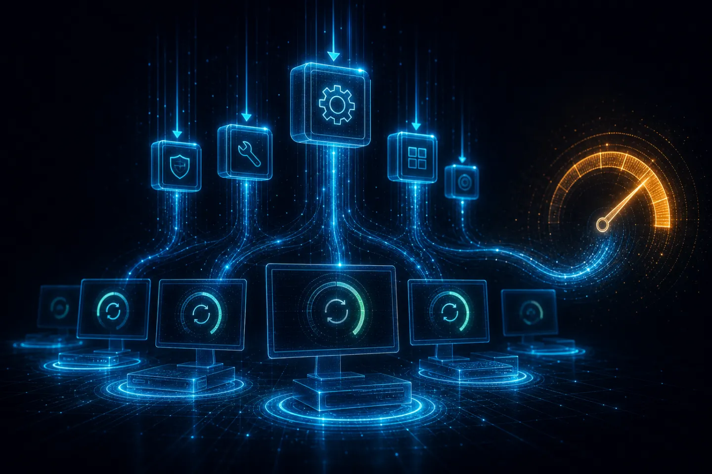 Software packages deploying down to a fleet of workstations with an update progress gauge