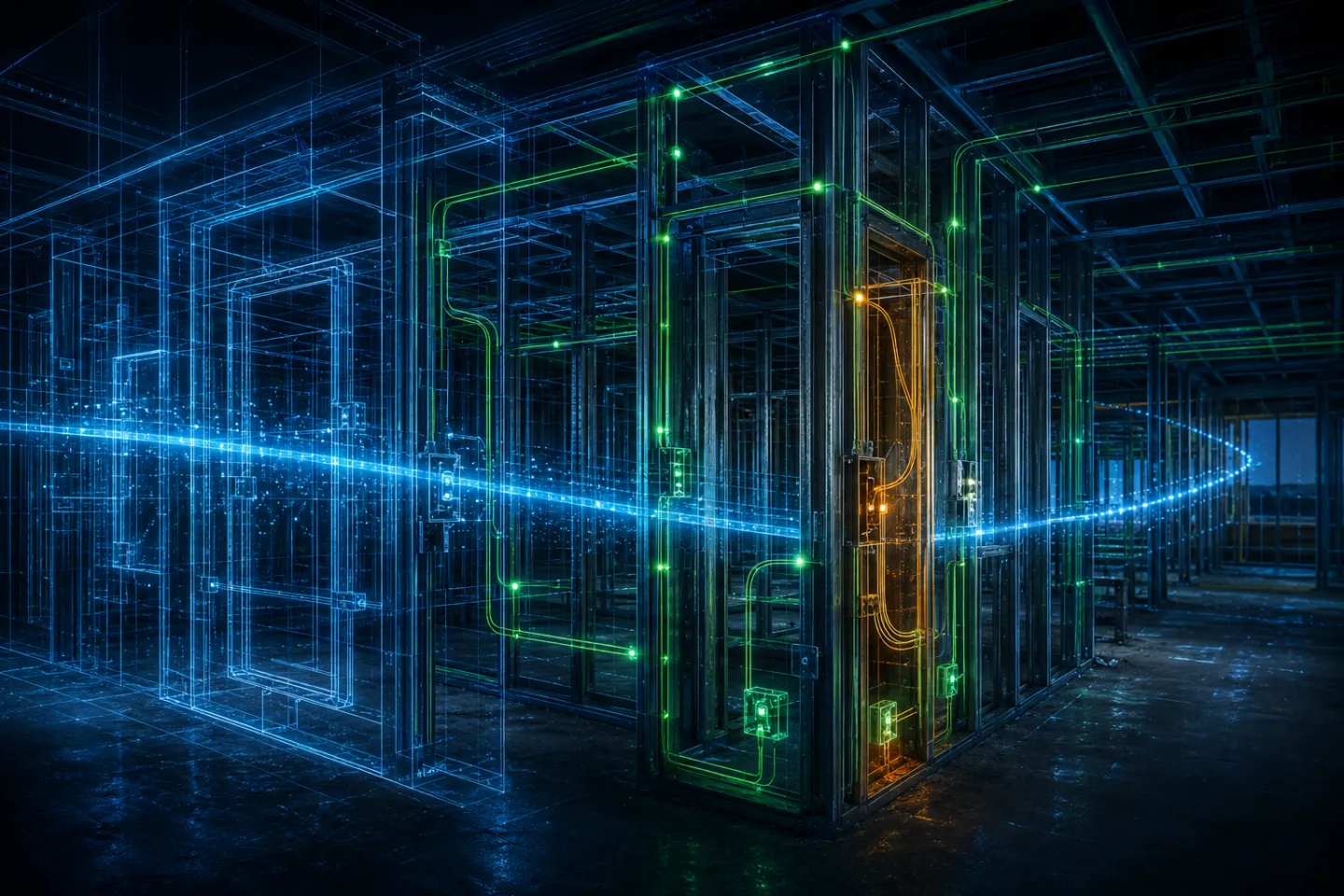 Network cabling and a server enclosure routed through a building's steel frame during construction