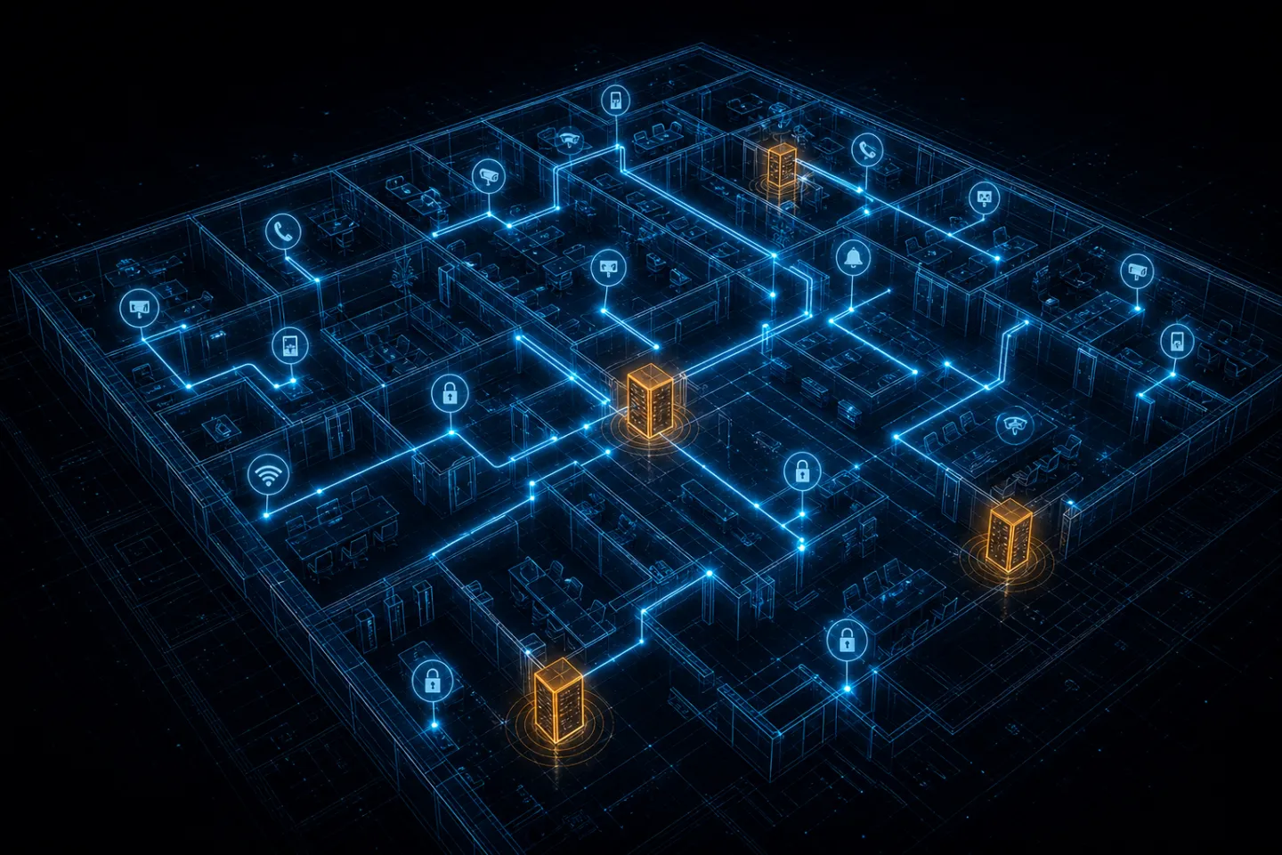 Isometric building blueprint mapping network, Wi-Fi, and device infrastructure across the floor plan