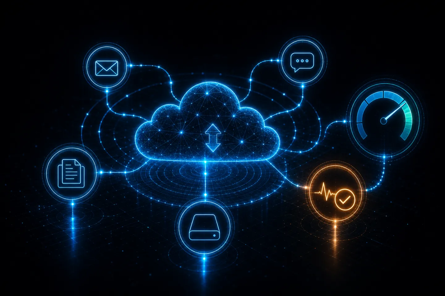 Microsoft 365 cloud connected to administration tools — mail, chat, files, and a health gauge