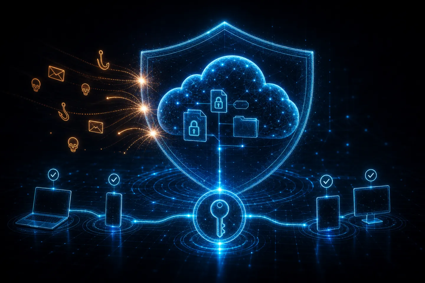 Security shield protecting a Microsoft 365 cloud with a key, blocked threats, and verified devices