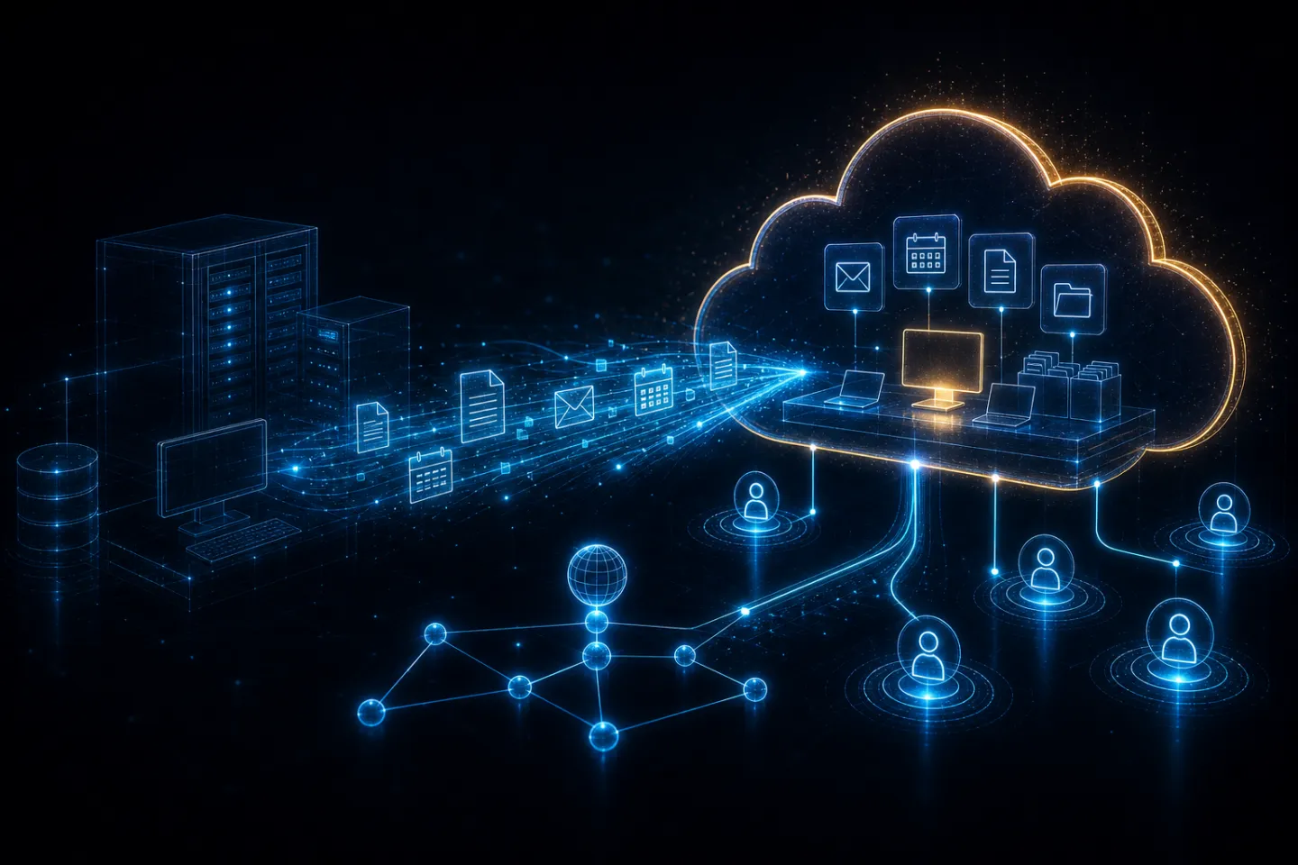 Data and apps migrating from on-premises servers into a Microsoft 365 cloud with connected users