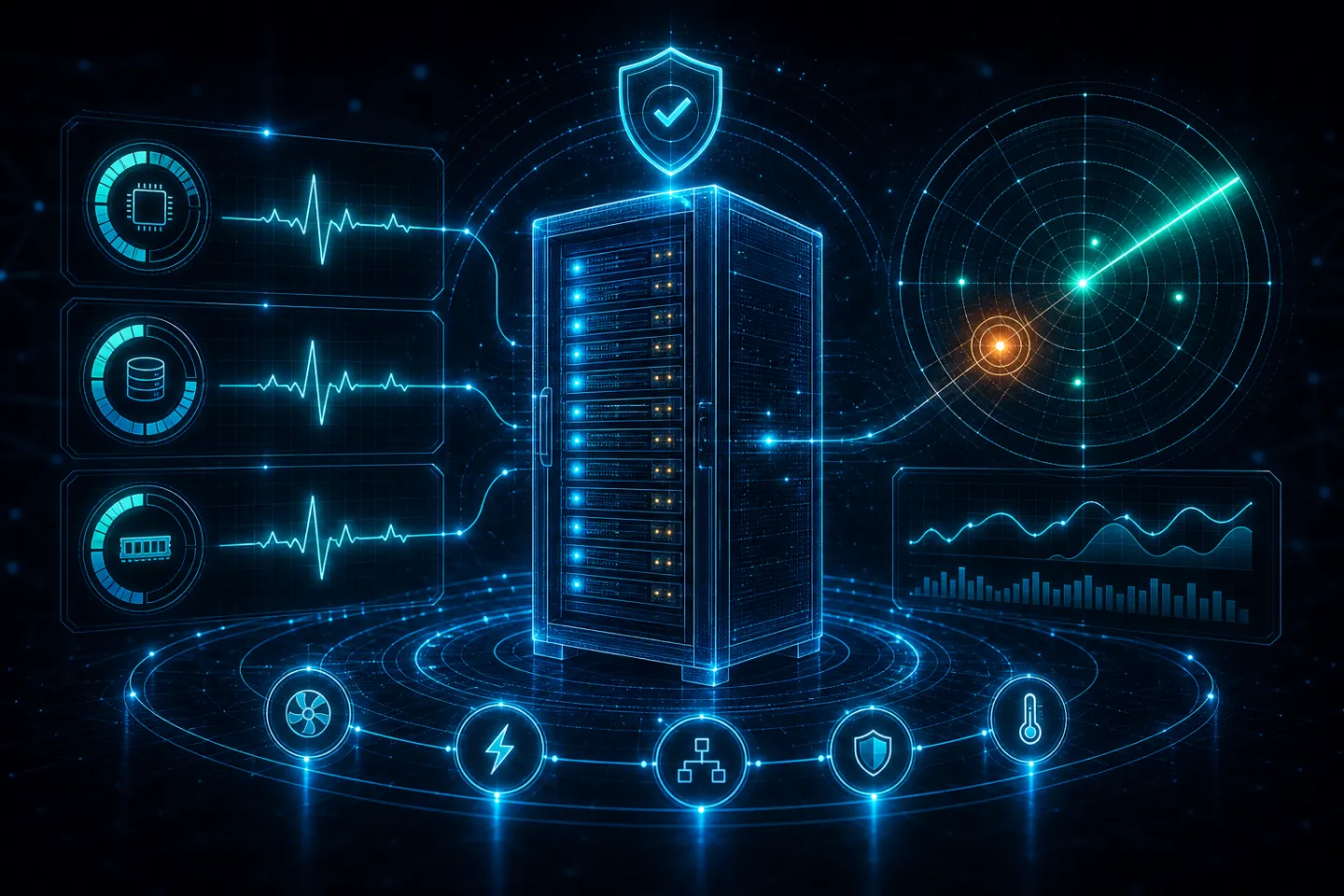 Server rack surrounded by real-time health-monitoring dashboards, a radar sweep, and maintenance gauges