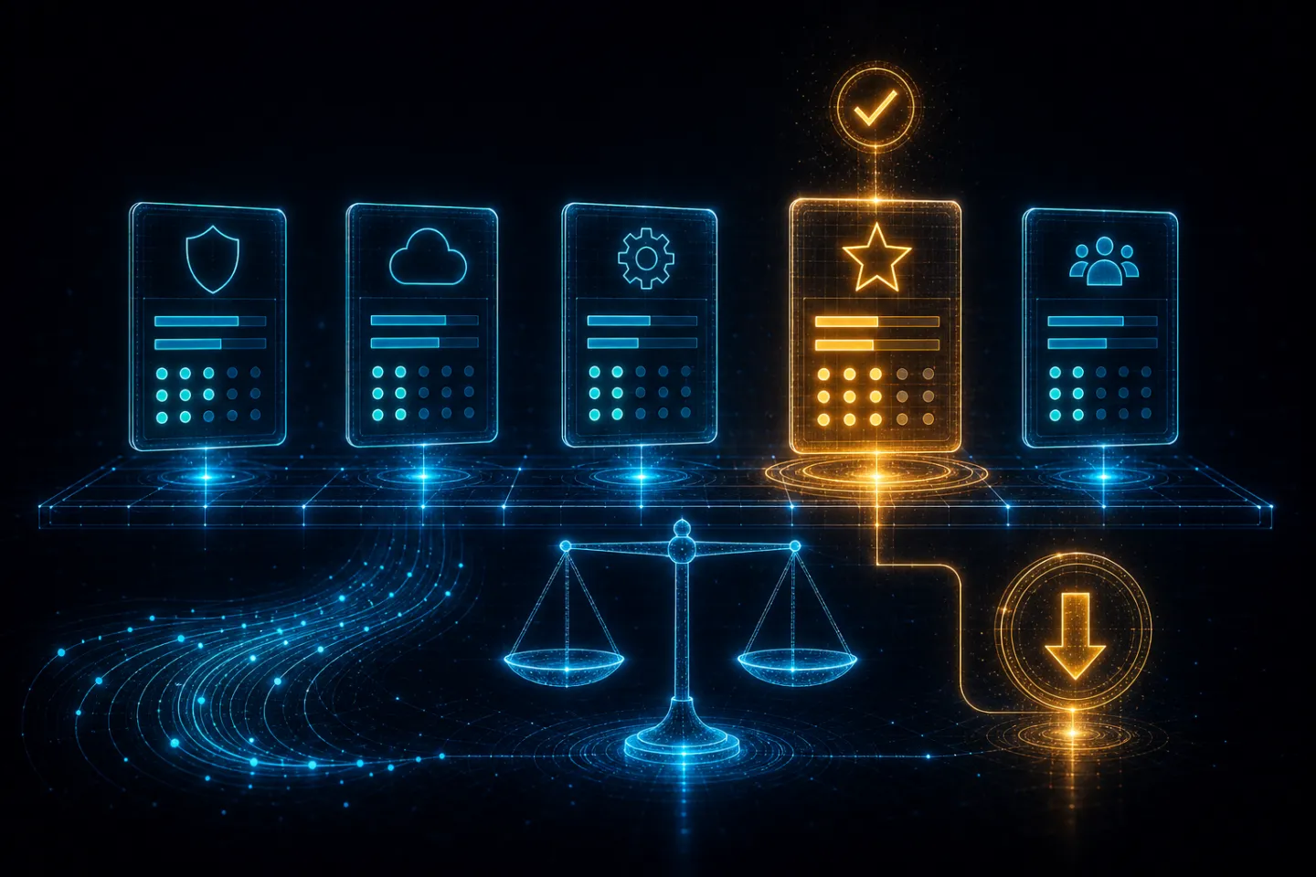 Comparing vendor option cards on a balance scale with the top-rated vendor selected