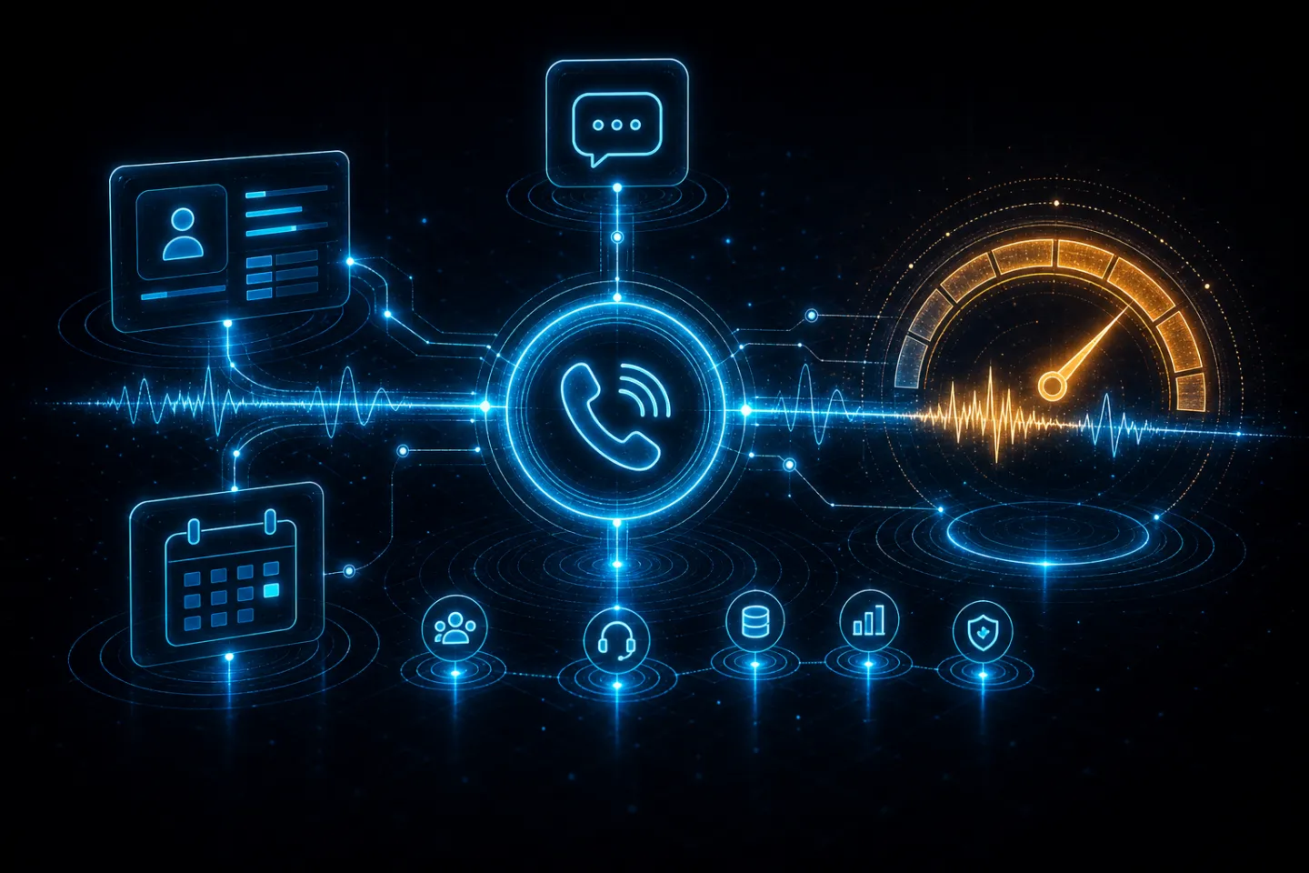 VoIP call hub integrated with CRM, calendar, chat, and support tools with a performance gauge
